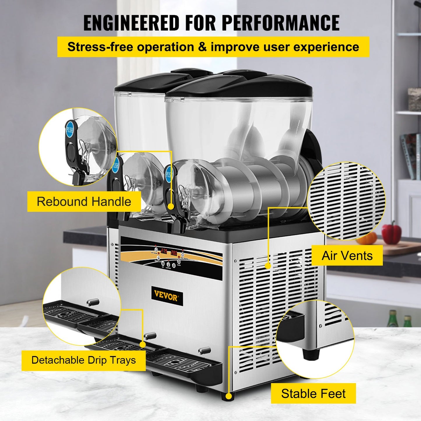 Slush Frozen Drink Machine, 2x15L Tank Commercial Margarita Machine, 890W rostfritt stål Margarita Slush Maker, Temperatur Slush 25°F till 30°F Drink Maker, Perfekt för restauranger Kaféer Barer