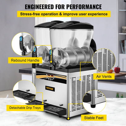 Slush Frozen Drink Machine, 2x15L Tank Commercial Margarita Machine, 890W rostfritt stål Margarita Slush Maker, Temperatur Slush 25°F till 30°F Drink Maker, Perfekt för restauranger Kaféer Barer
