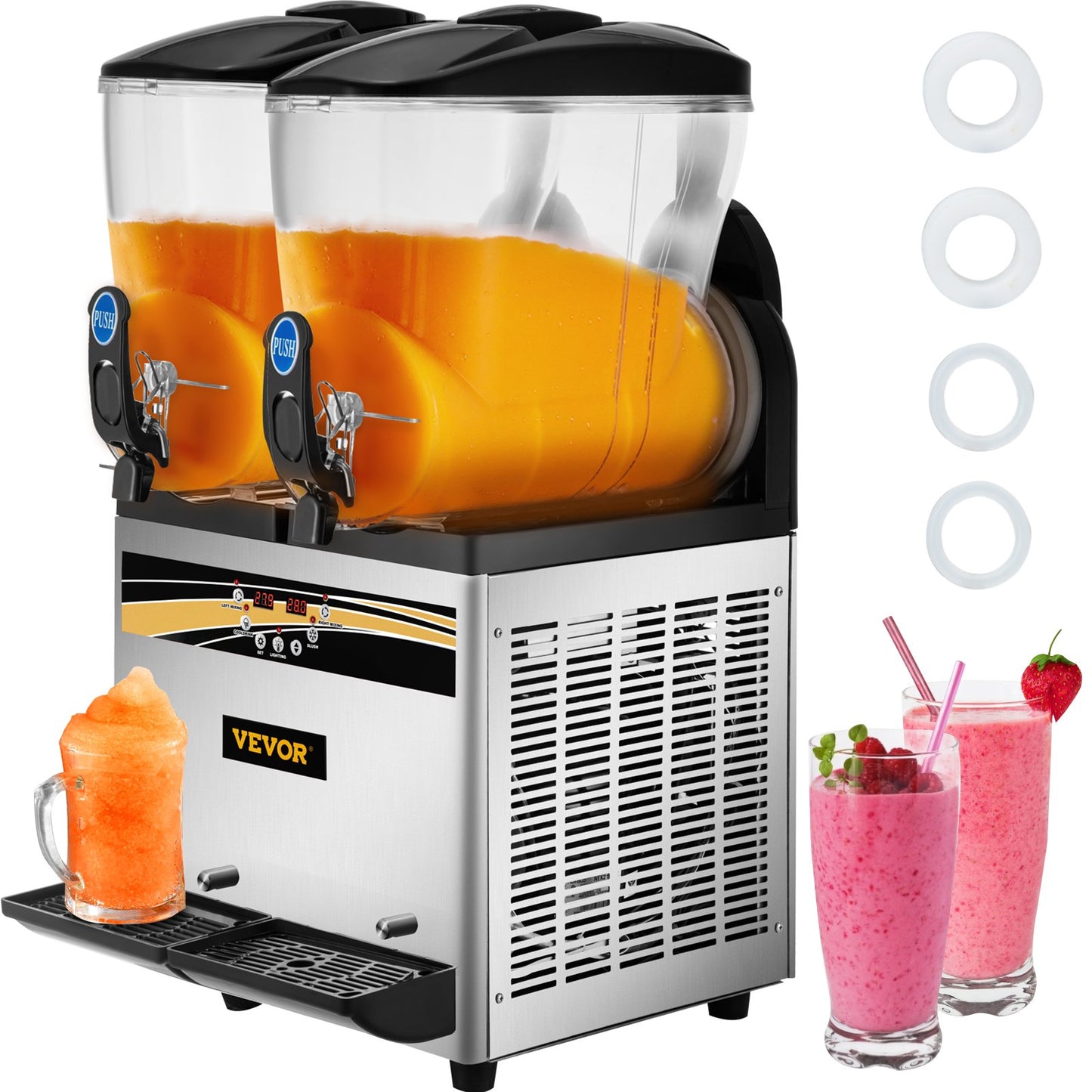Slush Frozen Drink Machine, 2x15L Tank Commercial Margarita Machine, 890W rostfritt stål Margarita Slush Maker, Temperatur Slush 25°F till 30°F Drink Maker, Perfekt för restauranger Kaféer Barer