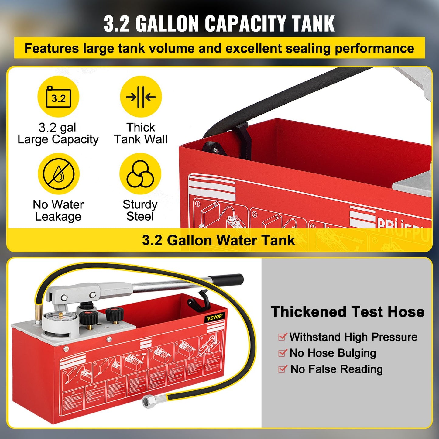 Hydrostatisk trycktestpump, test upp till 60 bar/860 psi, 3,2 gallon tank, hydraulisk manuell vattentryckstestsats med tre-enhetsmätare och R 1/2"-anslutning för provning av rörledningsvätsketryck