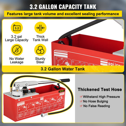Hydrostatisk trycktestpump, test upp till 60 bar/860 psi, 3,2 gallon tank, hydraulisk manuell vattentryckstestsats med tre-enhetsmätare och R 1/2"-anslutning för provning av rörledningsvätsketryck
