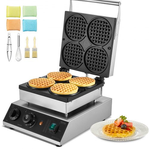 Commercial Waffle Maker, 4PCS Round Waffle Baker Machine,1750W Non-Stick Stainless Steel Belgian Waffle Iron with Temperature and Time Control, for Restaurant Bakery Snack Bar Family