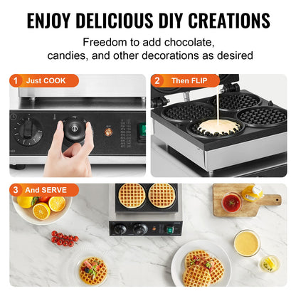 Commercial Waffle Maker, 4PCS Round Waffle Baker Machine,1750W Non-Stick Stainless Steel Belgian Waffle Iron with Temperature and Time Control, for Restaurant Bakery Snack Bar Family