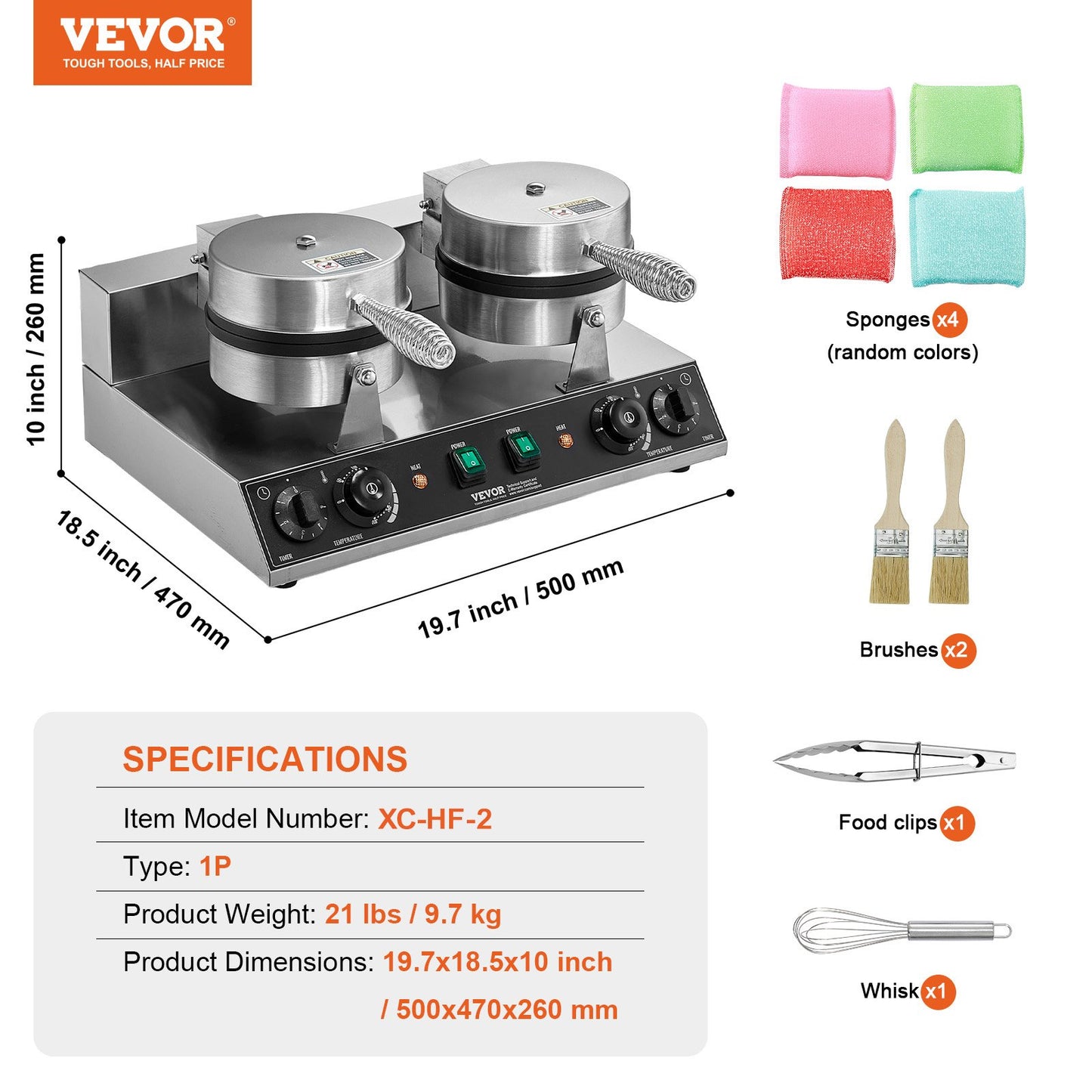 Commercial Waffle Maker, Dual-Head Round Waffle Baker Machine, 2460W Non-Stick Stainless Steel Belgian Waffle Iron with Temp and Time Control, Handle, for Restaurant Bakery Snack Bar Family