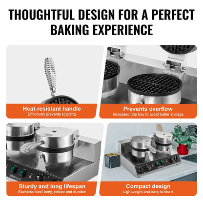 Kommersiella våffeljärn med dubbla huvuden runt våffeljärn 2460W non-stick