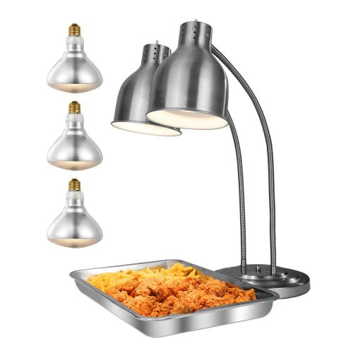 Food Heat Lamp, 500W Electric Commercial Food Warmer Light, 2-Head Stainless Steel French Fry Heating Lamp with 3 Bulbs, Catering Food Warming Equipment for Kitchen, Buffet, Restaurant, Silver