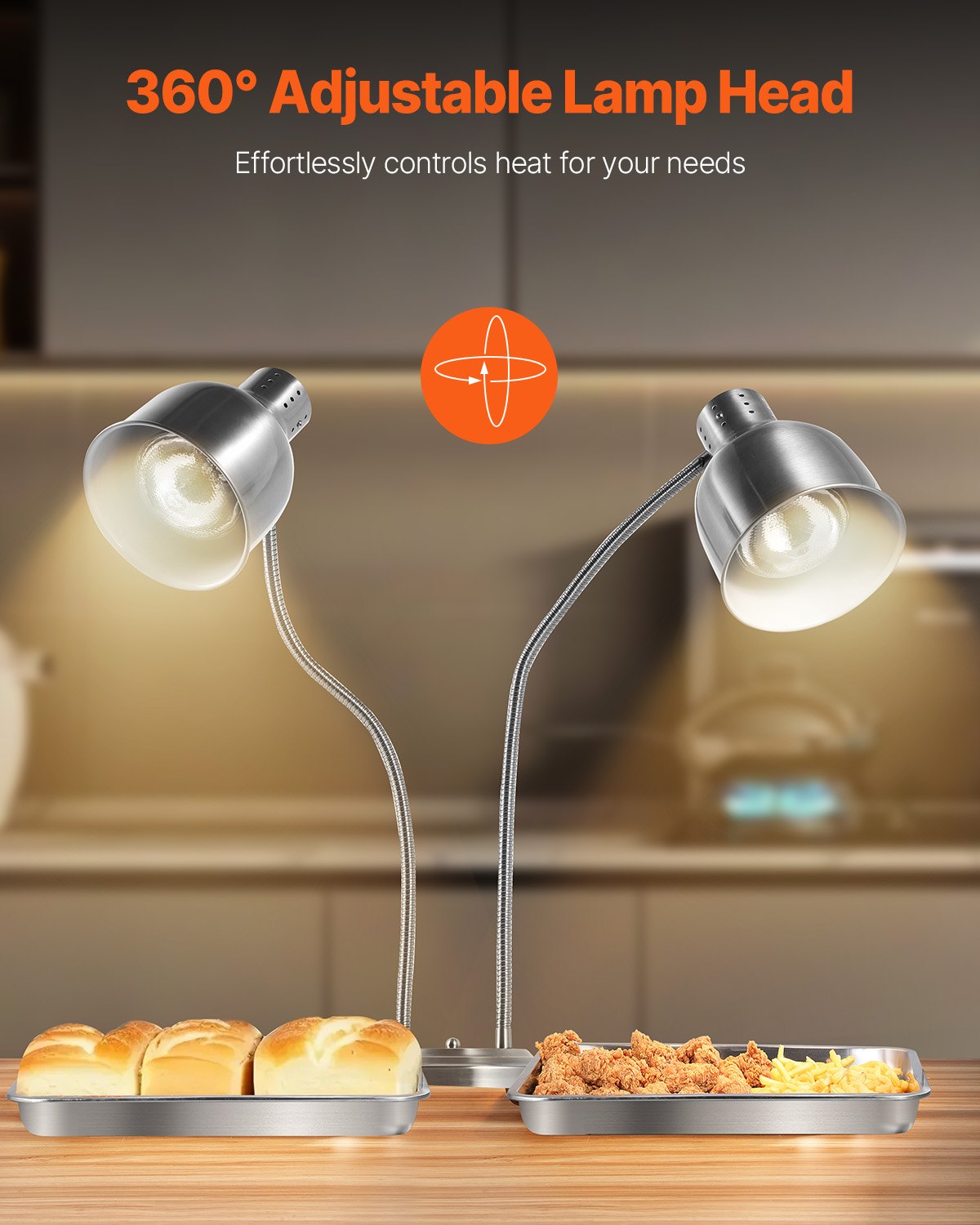 Food Heat Lamp, 500W Electric Commercial Food Warmer Light, 2-Head Stainless Steel French Fry Heating Lamp with 3 Bulbs, Catering Food Warming Equipment for Kitchen, Buffet, Restaurant, Silver