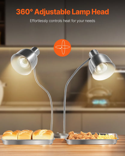 Food Heat Lamp, 500W Electric Commercial Food Warmer Light, 2-Head Stainless Steel French Fry Heating Lamp with 3 Bulbs, Catering Food Warming Equipment for Kitchen, Buffet, Restaurant, Silver