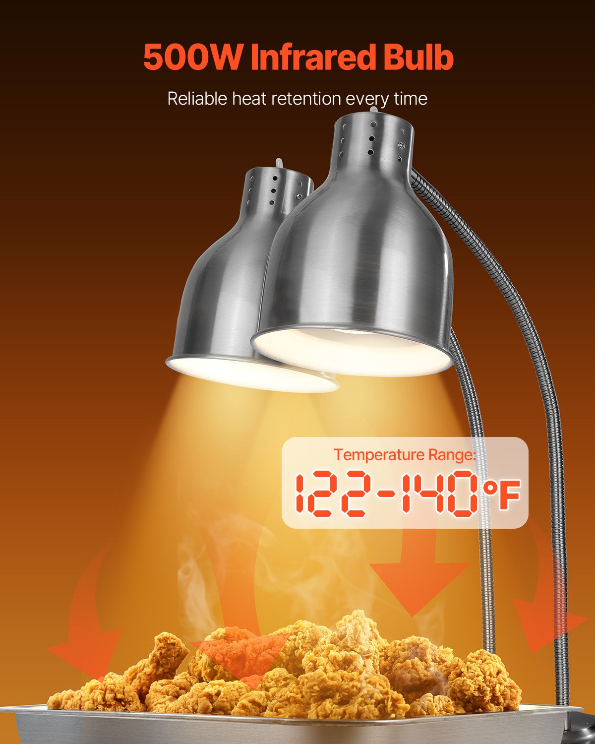 Food Heat Lamp, 500W Electric Commercial Food Warmer Light, 2-Head Stainless Steel French Fry Heating Lamp with 3 Bulbs, Catering Food Warming Equipment for Kitchen, Buffet, Restaurant, Silver
