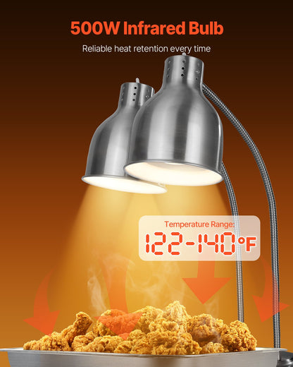Food Heat Lamp, 500W Electric Commercial Food Warmer Light, 2-Head Stainless Steel French Fry Heating Lamp with 3 Bulbs, Catering Food Warming Equipment for Kitchen, Buffet, Restaurant, Silver