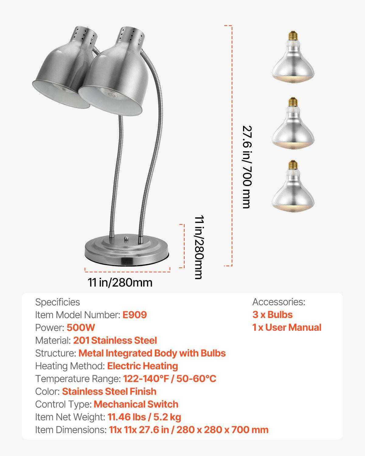 Food Heat Lamp, 500W Electric Commercial Food Warmer Light, 2-Head Stainless Steel French Fry Heating Lamp with 3 Bulbs, Catering Food Warming Equipment for Kitchen, Buffet, Restaurant, Silver
