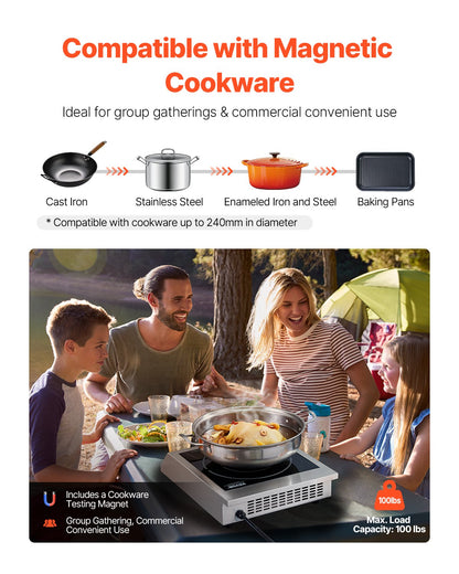 Portable Induction Cooktop, 1800W Commercial Induction Burner with 9 Temperature Settings, Stainless Steel Countertop Induction Hot Plate with 3H Timer, Child Lock, for Restaurant Cooking