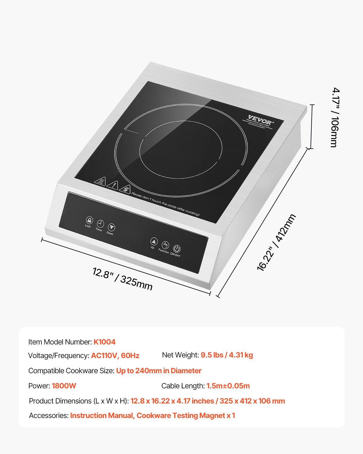Portable Induction Cooktop, 1800W Commercial Induction Burner with 9 Temperature Settings, Stainless Steel Countertop Induction Hot Plate with 3H Timer, Child Lock, for Restaurant Cooking