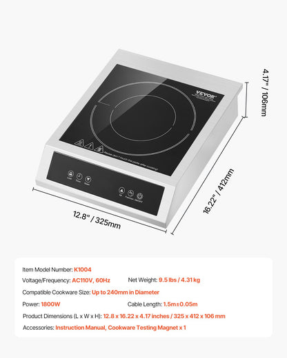 Portable Induction Cooktop, 1800W Commercial Induction Burner with 9 Temperature Settings, Stainless Steel Countertop Induction Hot Plate with 3H Timer, Child Lock, for Restaurant Cooking