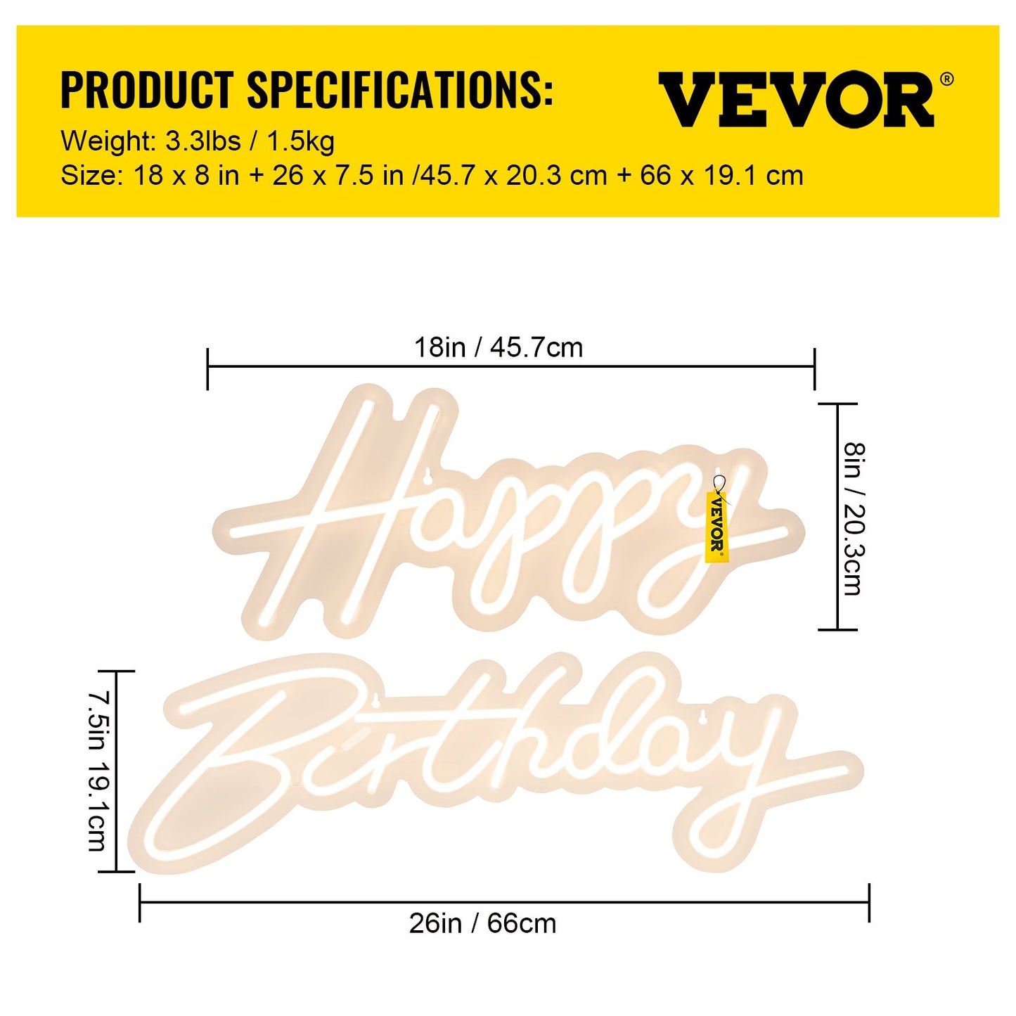 Happy Birthday Neon Sign, 18" x 8" & 26" x 7.5" LED Neon Lights Signs, Adjustable Brightness with Dimmer Switch and Power Adapter, Reusable for Party, Club, Celebration and Decoration Warm W
