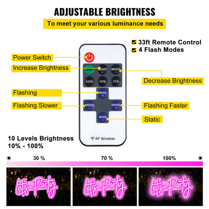 Let's Party Neon Sign, 23"X10" Neon Sign for Wall Decor, Adjustable Brightness Pink Neon Light Sign with Remote Control and Power Adapter, for Party/Wedding Celebration/Home Decoration
