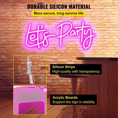 Let's Party Neon Sign, 23"X10" Neon Sign for Wall Decor, Adjustable Brightness Pink Neon Light Sign with Remote Control and Power Adapter, for Party/Wedding Celebration/Home Decoration