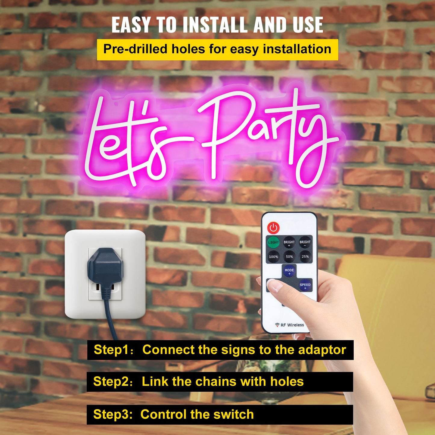 Let's Party Neon Sign, 23"X10" Neon Sign for Wall Decor, Adjustable Brightness Pink Neon Light Sign with Remote Control and Power Adapter, for Party/Wedding Celebration/Home Decoration
