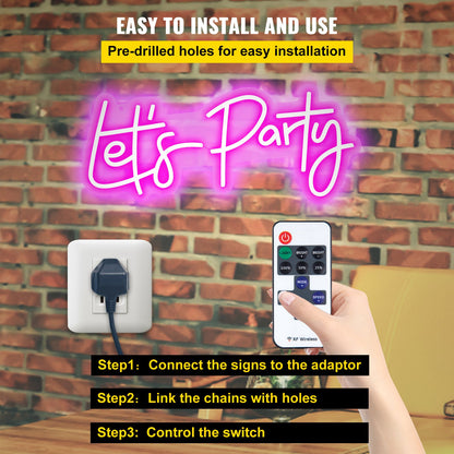 Let's Party Neon Sign, 23"X10" Neon Sign for Wall Decor, Adjustable Brightness Pink Neon Light Sign with Remote Control and Power Adapter, for Party/Wedding Celebration/Home Decoration