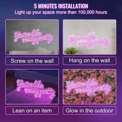 You're Like Really Pretty Neon Sign, 27.5" x 12" Pink LED Neon Signs for Wall Decor, Large Lights Sign with Remote Control and Power Adapter, Used for Party, Wedding, Living Room, Office