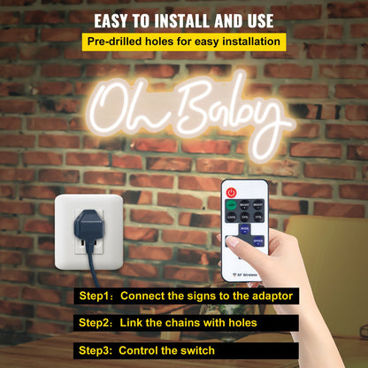 Oh Baby Neon Sign for Wall Decor, with Remote Control and Dimmable Switch for Baby Shower decorations, Birthday Party, Wedding Decor, 23.5x12 inches (Warm White)