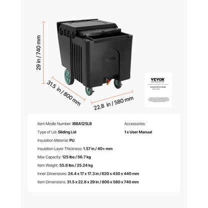 commercial ice box 61.6L portable ice box with sliding lid and 4 wheels | EU