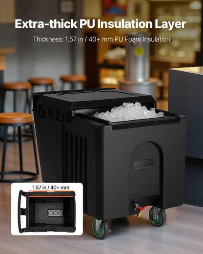 Commercial Ice Bin, 125 lbs Portable Ice Caddy, 31.5 x 22.8 x 29 inch Insulated Ice Carrier with 4 Wheels and Sliding Lid, Large Ice Bin for Catering, Kitchens, Bistros, Restaurants, and Bars