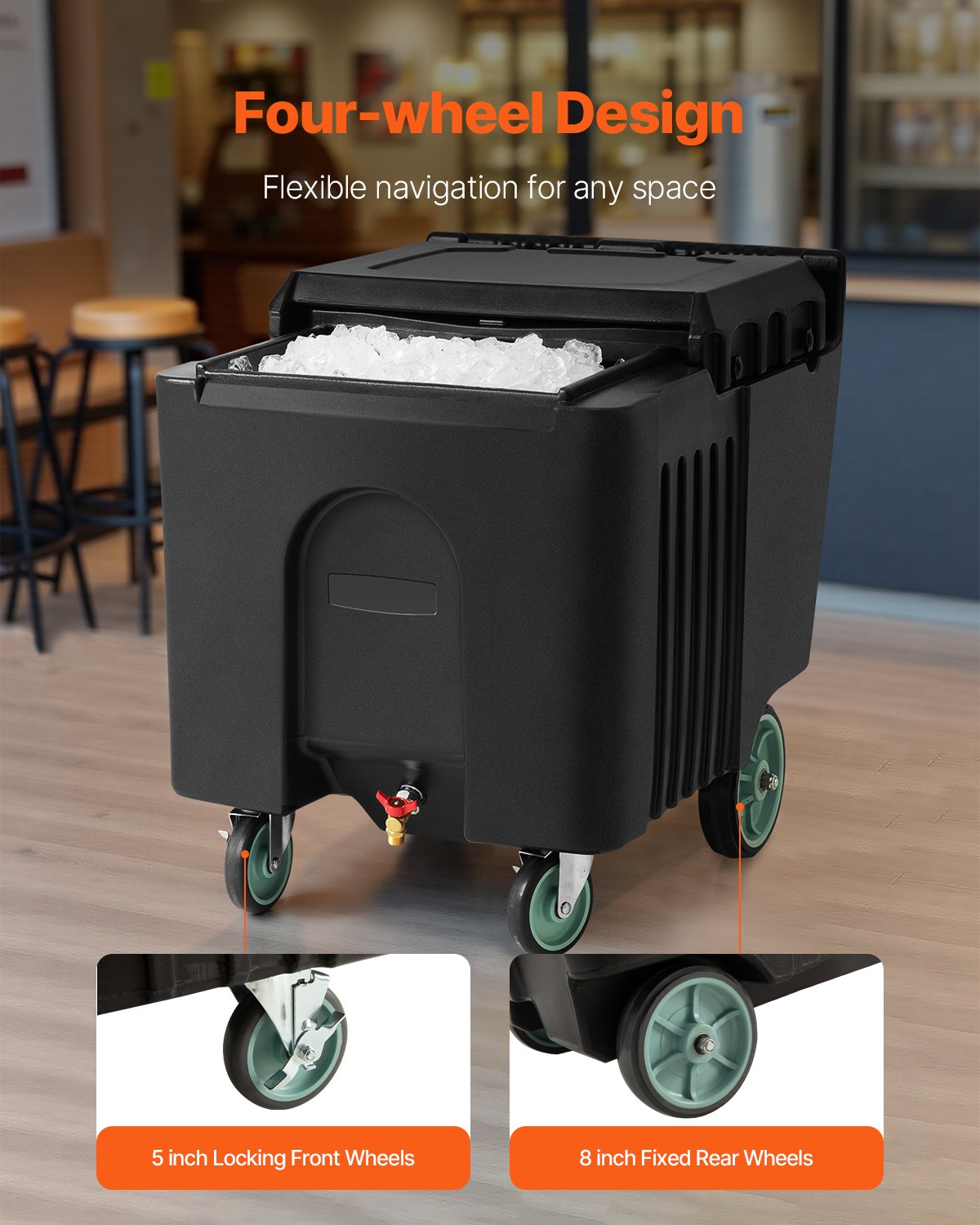 Commercial Ice Bin, 125 lbs Portable Ice Caddy, 31.5 x 22.8 x 29 inch Insulated Ice Carrier with 4 Wheels and Sliding Lid, Large Ice Bin for Catering, Kitchens, Bistros, Restaurants, and Bars