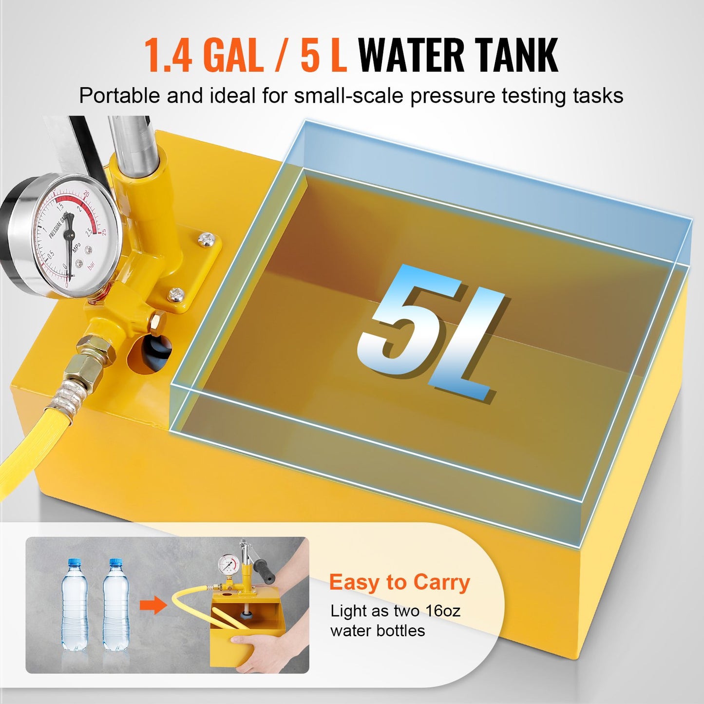 Hydrostatisk testpump, max 25 bar/362 PSI, enkelventil hydraulisk manuell vattentryckstestsats med mätare 5 L vattentank, 1 m slang med 1,27 cm utvändig gänganslutning för rörledning