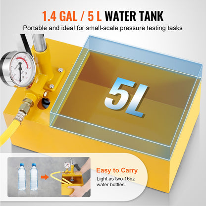 Hydrostatisk testpump, max 25 bar/362 PSI, enkelventil hydraulisk manuell vattentryckstestsats med mätare 5 L vattentank, 1 m slang med 1,27 cm utvändig gänganslutning för rörledning