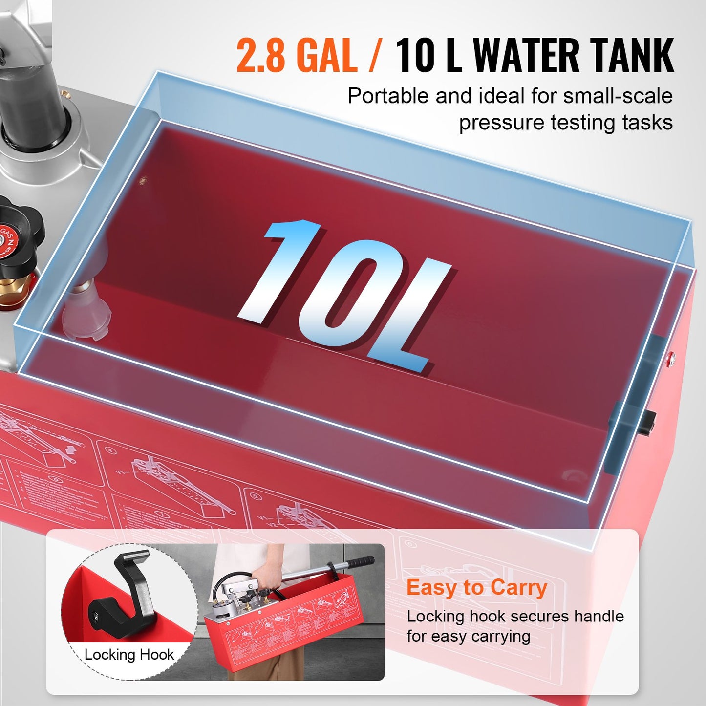 Hydrostatisk testpump, max 25 bar/362 PSI, dubbelventil hydraulisk manuell vattentryckstestsats med mätare 10L vattentank, 1,4 m slang med 1,27 cm utvändig gänganslutning för rörledning