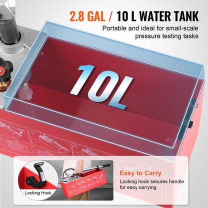 Hydrostatisk testpump, max 25 bar/362 PSI, dubbelventil hydraulisk manuell vattentryckstestsats med mätare 10L vattentank, 1,4 m slang med 1,27 cm utvändig gänganslutning för rörledning