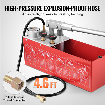 Hydrostatisk testpump, max 25 bar/362 PSI, dubbelventil hydraulisk manuell vattentryckstestsats med mätare 10L vattentank, 1,4 m slang med 1,27 cm utvändig gänganslutning för rörledning