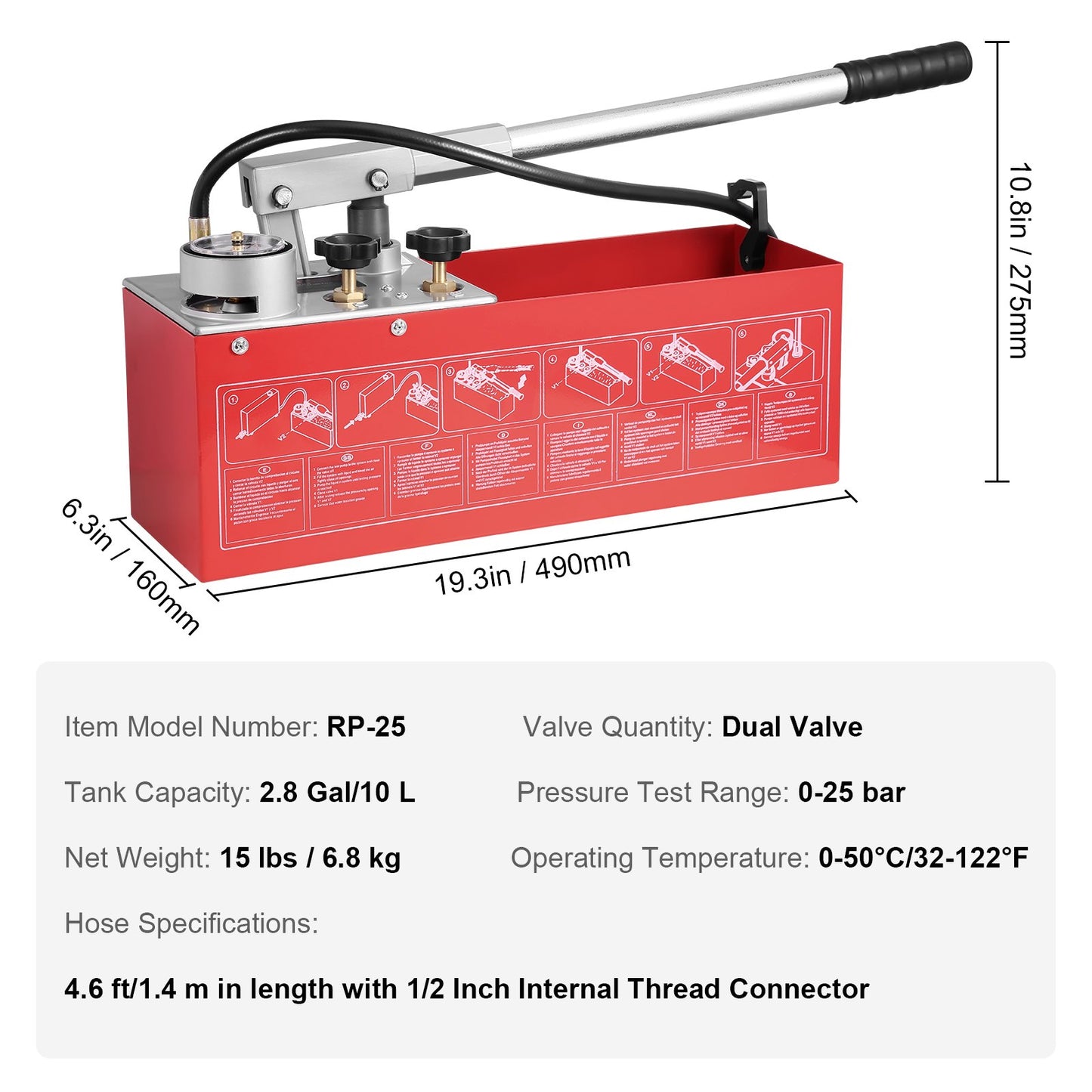 Hydrostatisk testpump, max 25 bar/362 PSI, dubbelventil hydraulisk manuell vattentryckstestsats med mätare 10L vattentank, 1,4 m slang med 1,27 cm utvändig gänganslutning för rörledning