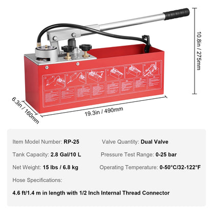 Hydrostatisk testpump, max 25 bar/362 PSI, dubbelventil hydraulisk manuell vattentryckstestsats med mätare 10L vattentank, 1,4 m slang med 1,27 cm utvändig gänganslutning för rörledning