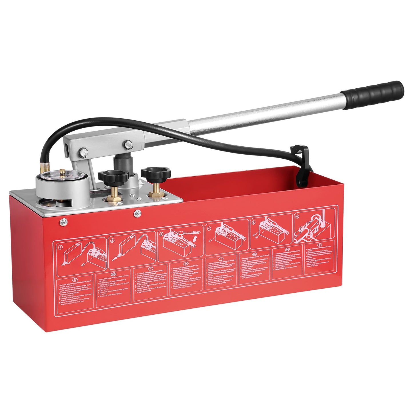 Hydrostatisk testpump, max 25 bar/362 PSI, dubbelventil hydraulisk manuell vattentryckstestsats med mätare 10L vattentank, 1,4 m slang med 1,27 cm utvändig gänganslutning för rörledning