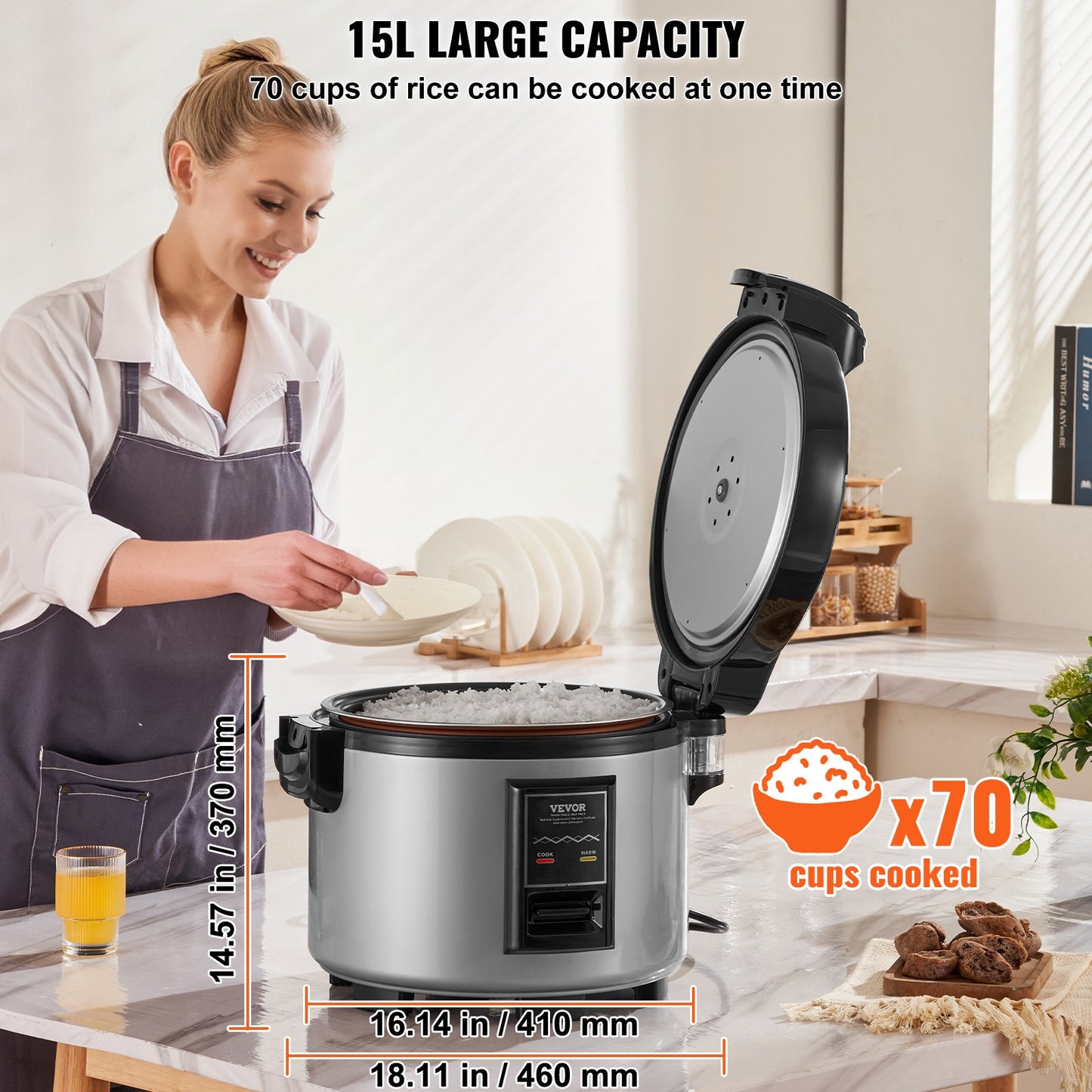 Commercial Rice Cooker 70-Cup Non-Stick Pot 15L 12H Keep Warm Restaurant