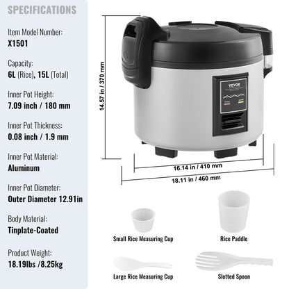 Commercial Rice Cooker 70-Cup Non-Stick Pot 15L 12H Keep Warm Restaurant