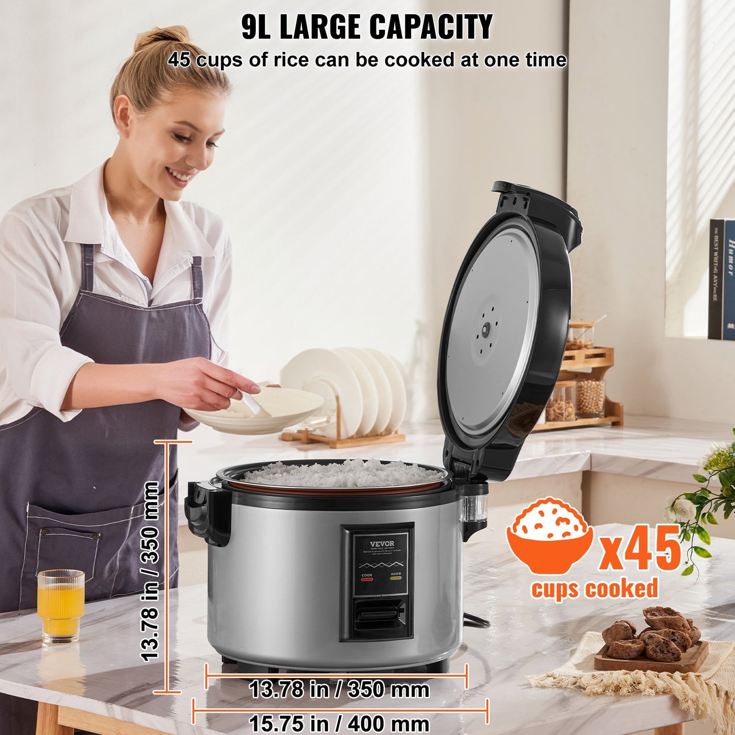 Commercial Rice Cooker 45-Cup Non-Stick Pot 9L 12H Keep Warm Restaurant