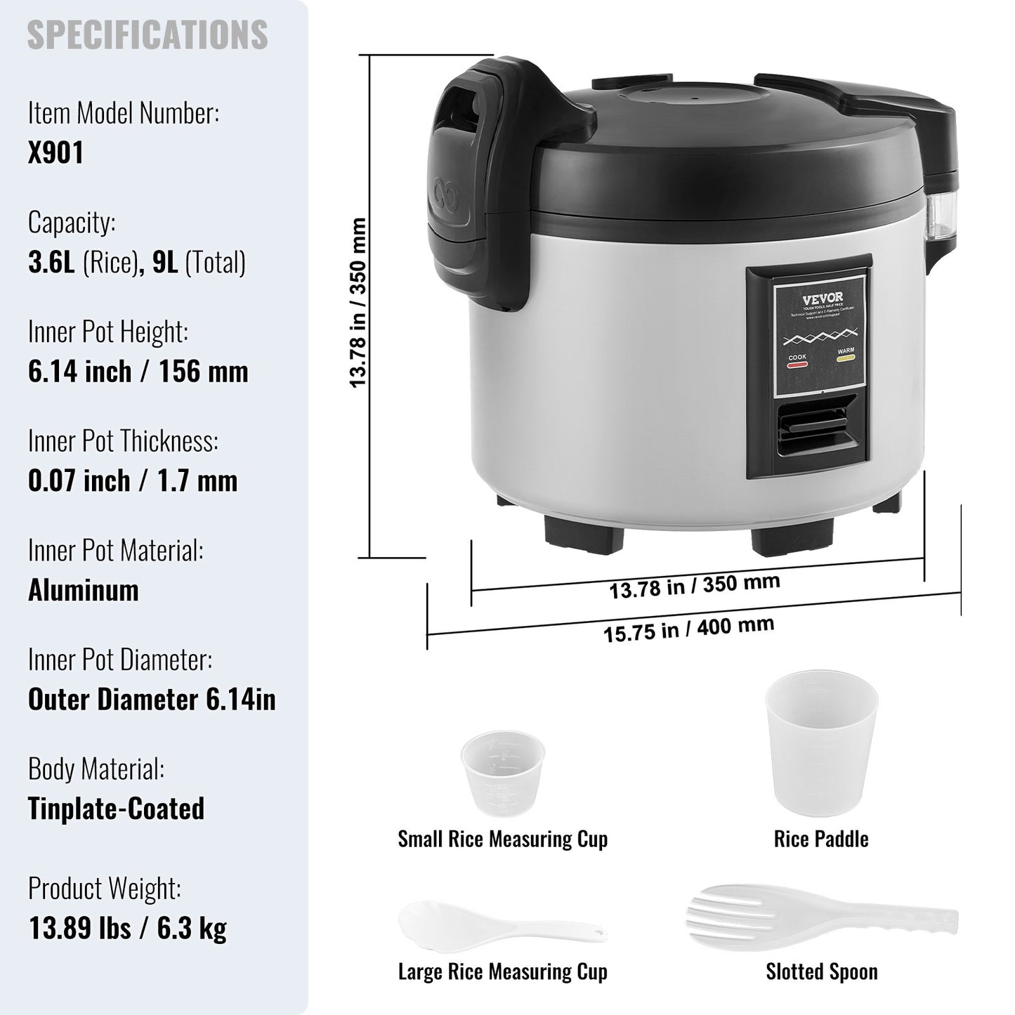 Commercial Rice Cooker 45-Cup Non-Stick Pot 9L 12H Keep Warm Restaurant