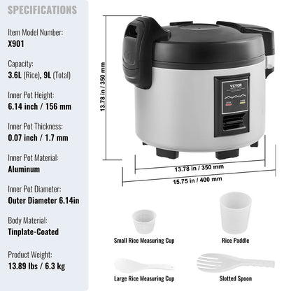 Commercial Rice Cooker 45-Cup Non-Stick Pot 9L 12H Keep Warm Restaurant