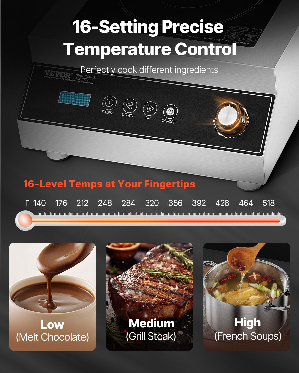 Portable Induction Cooktop, 5000W Commercial Induction Burner with 16 Temperature Settings, Stainless Steel Countertop Induction Hot Plate with 4H Timer, Child Lock, for Restaurant Cooking