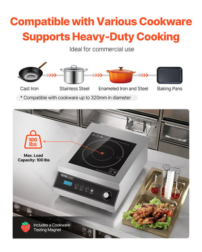Portable Induction Cooktop, 5000W Commercial Induction Burner with 16 Temperature Settings, Stainless Steel Countertop Induction Hot Plate with 4H Timer, Child Lock, for Restaurant Cooking