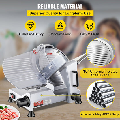 Commercial Meat Slicer, 240W Electric Deli Food Slicer, 10 Inch Carbon Steel Blade Electric Food Slicer, 350-400 RPM Meat Slicer, 0 - 0.47 Inch Adjustable Thickness for Commercial and Home Use