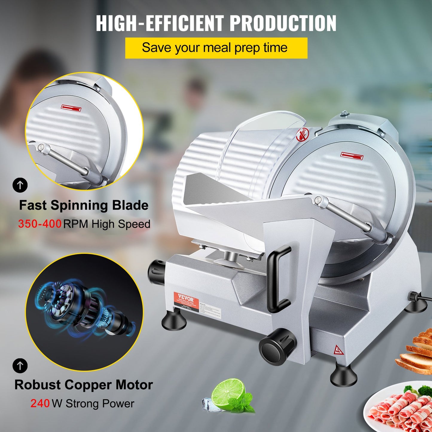 Commercial Meat Slicer, 240W Electric Deli Food Slicer, 10 Inch Carbon Steel Blade Electric Food Slicer, 350-400 RPM Meat Slicer, 0 - 0.47 Inch Adjustable Thickness for Commercial and Home Use