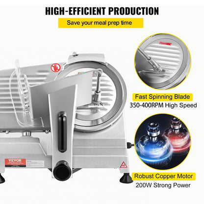 Commercial Meat Slicer, 200W Electric Deli Food Slicer, 350-400 RPM. Meat Slicer with 8" Carbon Steel Blade, 0 - 0.47 Inch Electric Meat Slicer with Adjustable Thickness for Home and Commercial Use