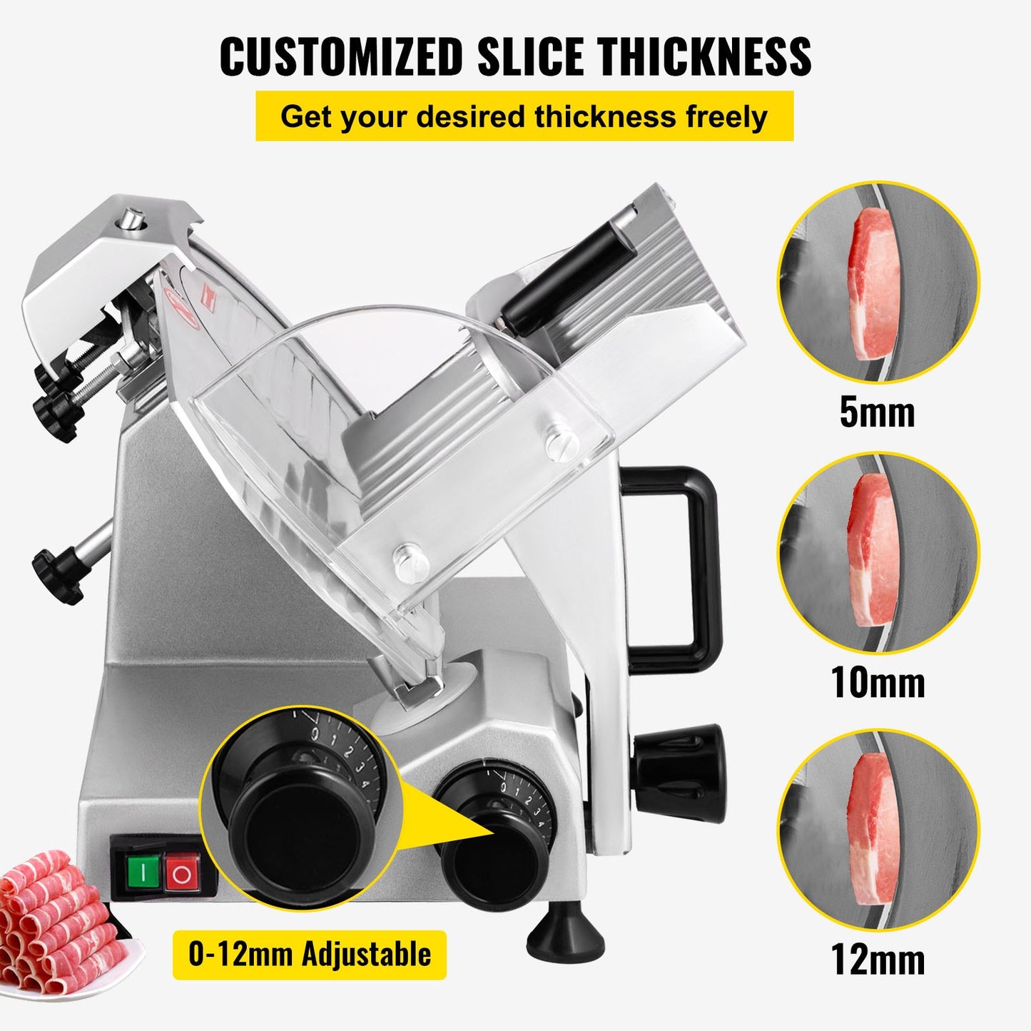 Commercial Meat Slicer, 200W Electric Deli Food Slicer, 350-400 RPM. Meat Slicer with 8" Carbon Steel Blade, 0 - 0.47 Inch Electric Meat Slicer with Adjustable Thickness for Home and Commercial Use