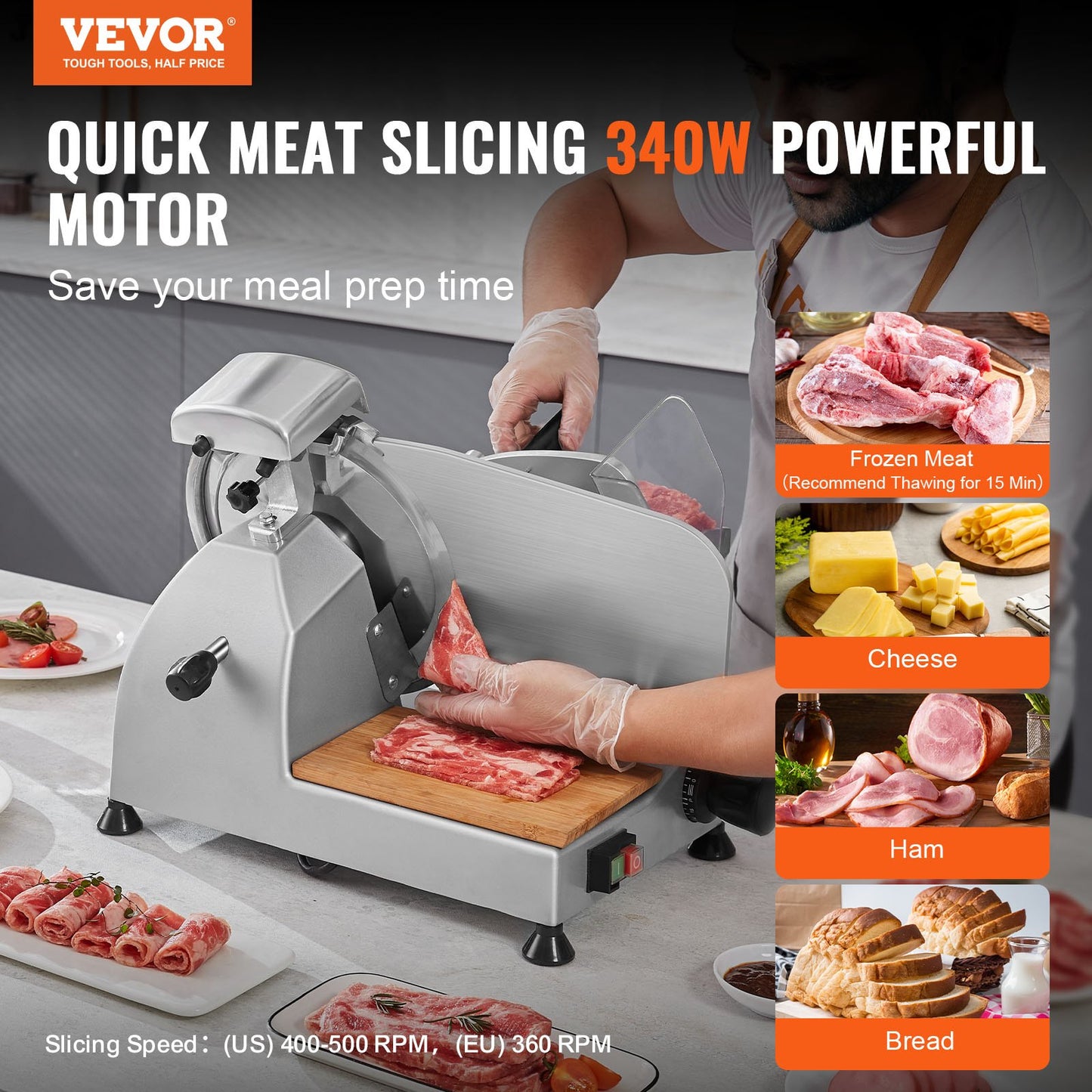 Meat Slicer, 340W Electric Deli Food Slicer with 10" SUS420 Stainless Steel Blade and Built-in Grindstone, 0-0.6 Inch Adjustable Thickness for Commercial and Home Use, Slice Meat and Cheese