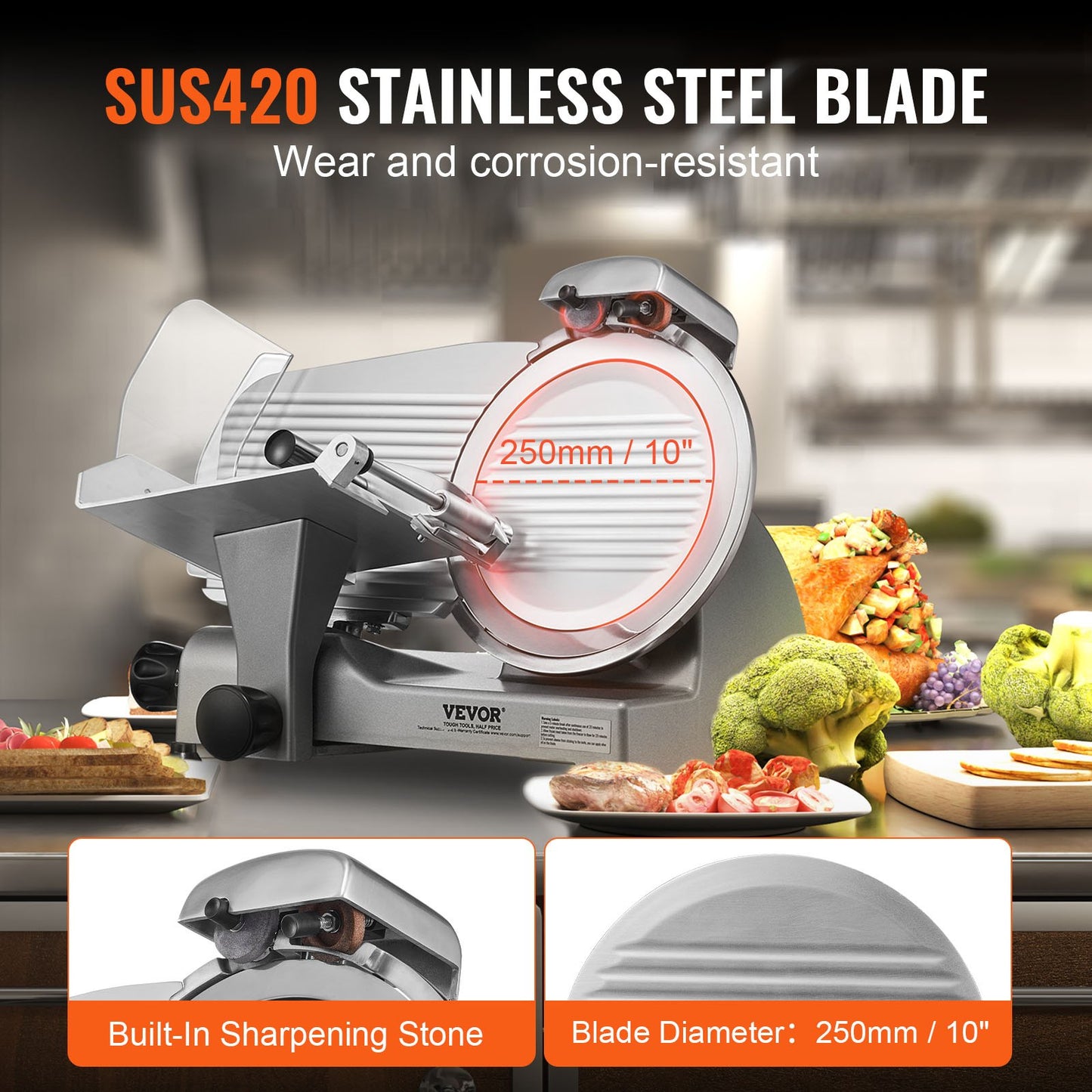 Meat Slicer, 340W Electric Deli Food Slicer with 10" SUS420 Stainless Steel Blade and Built-in Grindstone, 0-0.6 Inch Adjustable Thickness for Commercial and Home Use, Slice Meat and Cheese