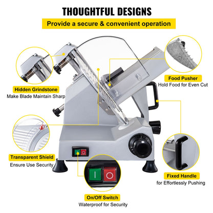 Commercial Meat Slicer, 320W Electric Deli Food Slicer, 12 Inch Carbon Steel Blade Electric Food Slicer, 350-400 RPM Meat Slicer, 0-0.6 Inch Adjustable Thickness for Meat, Cheese, Vegetables, Ham